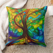 命カラフルの木のステンドグラスの外観 クッション (ブランケット)