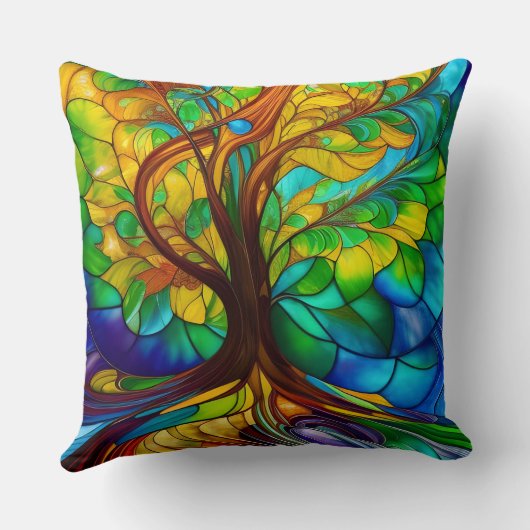 命カラフルの木のステンドグラスの外観 クッション (裏面)