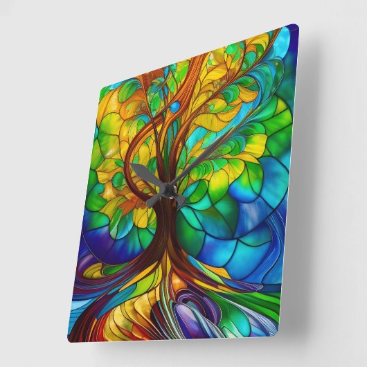 命カラフルの木のステンドグラスの外観 スクエア壁時計 (傾斜)