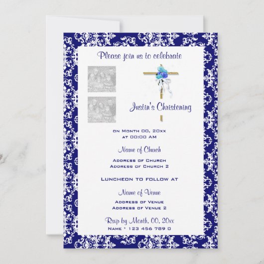 命名式で青いダマスク柄の写真をパーソナライズ 招待状 (正面)