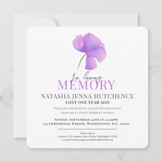 命日の紫色の水彩花の写真 招待状 (正面)