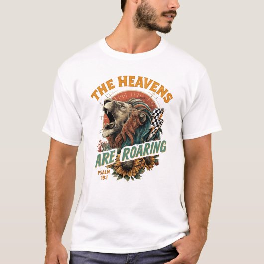 咆哮するライオンの空 天国は宗教的 Tシャツ (正面)