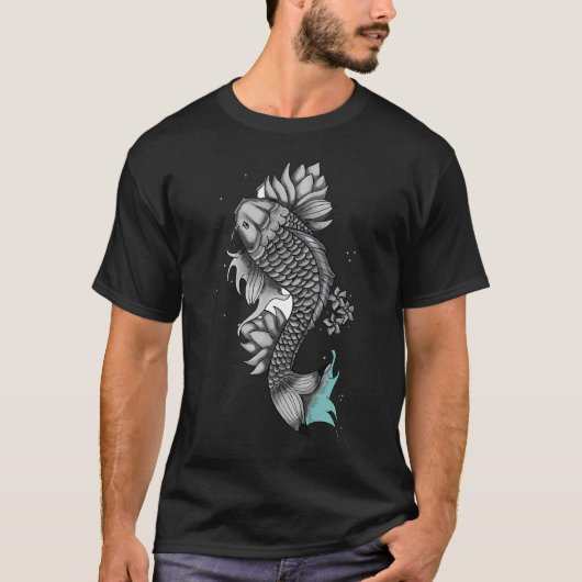 和彫りスタイルの鯉と蓮 Tシャツ (正面)