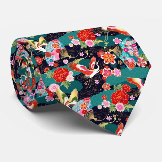 和柄、扇子と鶴のシームレス柄ネクタイ ネクタイ (ロール)