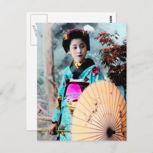 和笠(わがさ)芸者紙パラソルヴィンテージ ポストカード (正面/裏面)