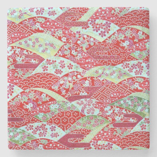 和紙日本のアートレッドフローラ友禅石コースター ストーンコースター (正面)