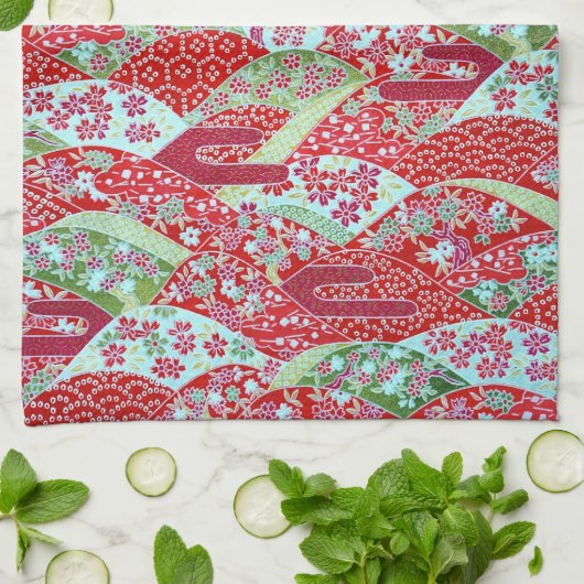 和紙日本の赤フローラ折り紙友禅タオル キッチンタオル (折り畳み)
