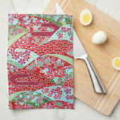 和紙日本の赤フローラ折り紙友禅タオル キッチンタオル (四つ折り)