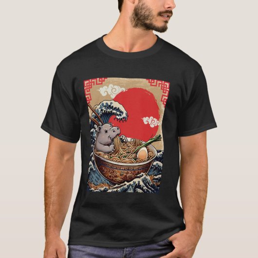 和風のカバのラーメン Vintage Style Japanese Tシャツ (正面)