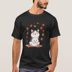 和風の可愛い猫の秋 アート キテン Tシャツ
