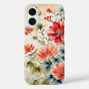 和風の墨絵の花が描かれたパーチメントのカバー iPhone 16ケース