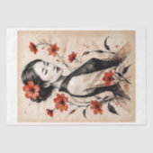 和風の女性 米紙に墨絵の肖像 薄葉紙 (正面)