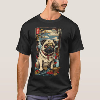 和風の日本酒アートのパグ犬 Tシャツ