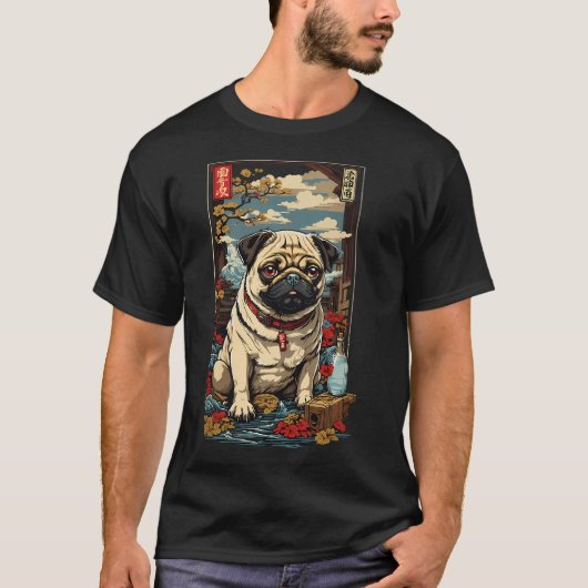 和風の日本酒アートのパグ犬 Tシャツ (正面)