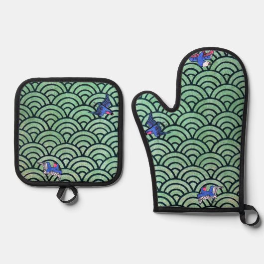 和風の波模様 鍋つかみ&鍋敷きセット (正面)