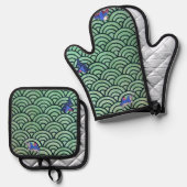 和風の波模様 鍋つかみ&鍋敷きセット (正面/裏面)
