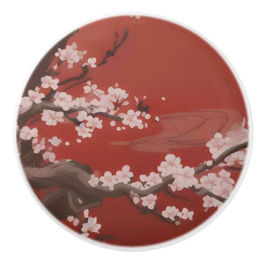  和風の白い桜 赤 セラミックノブ (正面)