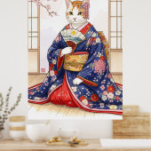 和風の着物を着たエレガントな猫 かわいい ポスター (キッチン)