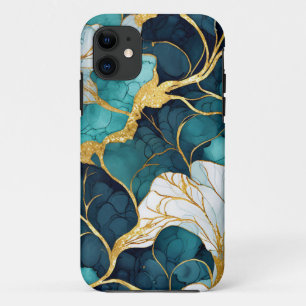 和風の花柄 ティール+ゴールド iPhone 11 ケース