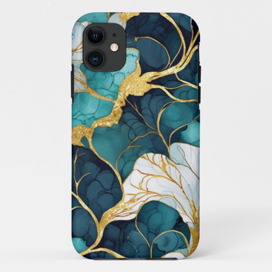 和風の花柄 ティール＋ゴールド Case-Mate iPhoneケース (裏面)