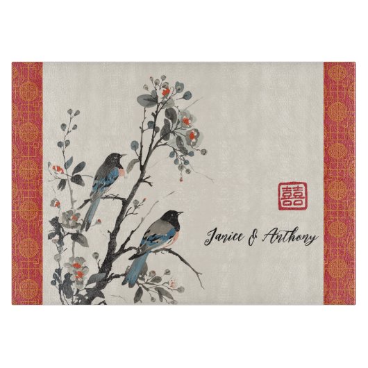 和風の赤い花の鳥 中国風 赤 カッティングボード (正面)