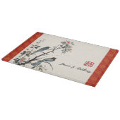 和風の赤い花の鳥 中国風 赤 カッティングボード (角)