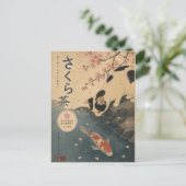 和風の錦鯉の猫 桜 アート レトロ ポストカード (スタンド正面)