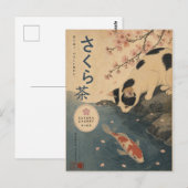 和風の錦鯉の猫 桜 アート レトロ ポストカード (正面/裏面)