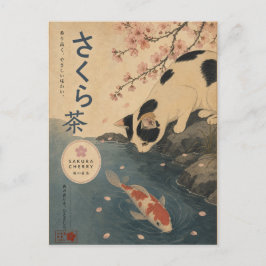和風の錦鯉の猫 桜 アート レトロ ポストカード