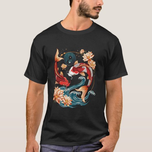 和風の鯉の図 蓮の花 Tシャツ (正面)