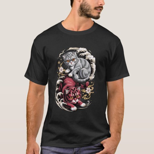 和風アート波スコティッシュフォールド猫クパリ Tシャツ (正面)