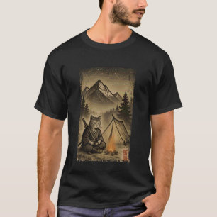 和風アート 猫 サムライ キャンプ旅行 男性用 Tシャツ
