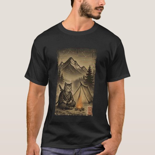 和風アート 猫 サムライ キャンプ旅行 男性用 Tシャツ (正面)