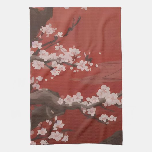 和風アート 白い桜 赤 キッチンタオル (縦)