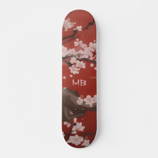  和風アート 白い桜 赤 スケートボード (正面)