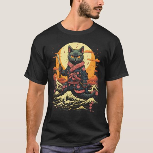 和風サムライ 忍者 猫 レトロ タトゥー グラフィック 16 Tシャツ (正面)