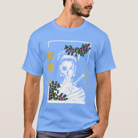 和風サムライ 花の戦士 女性 レトロ Tシャツ (正面)