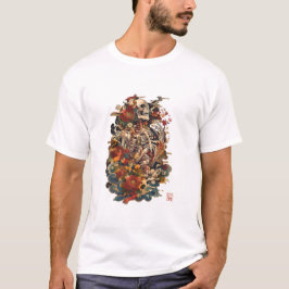 和風スケルトンアート | ゴシック風の花とドクロ Tシャツ