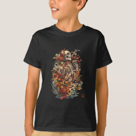 和風スケルトンアート | ゴシック風の花とドクロ Tシャツ