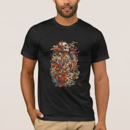 和風スケルトンアート | ゴシック風の花とドクロ Tシャツ