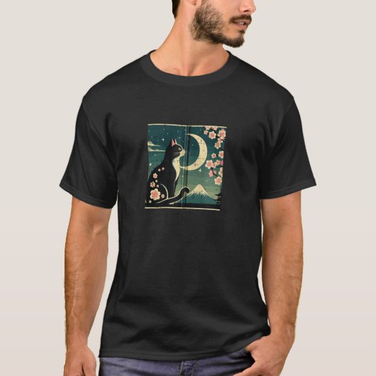 和風テディ猫 月 桜 ヴィンテージアート 女性 Tシャツ (正面)