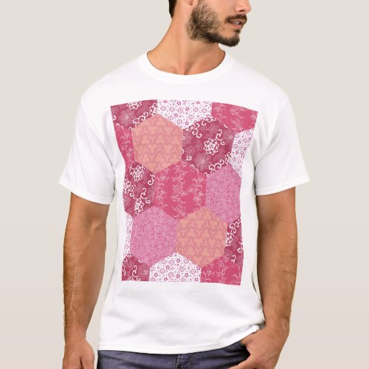 和風パッチワークパターン デザイン Tシャツ (正面)