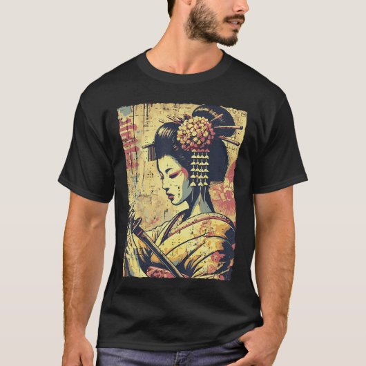 和風ヒップスター芸者 刀 ビンテージ 女性 女子 Tシャツ (正面)