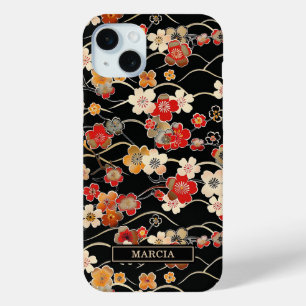 和風ブラック花柄モノグラム iPhone 15 MINIケース