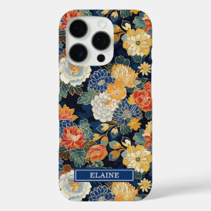 和風ブルー花柄モノグラム iPhone 16 PROケース