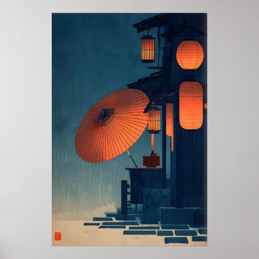 和風ランタンの夜の街並み ウォールアート 雨の通り (正面)