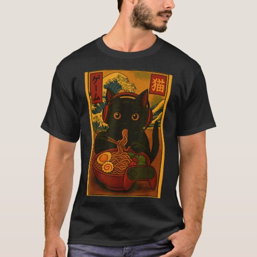 和風ラーメンを食べるゲーマー猫 Tシャツ (正面)