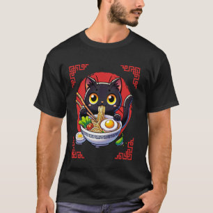 和風レトロ猫 ラーメン食べる Tシャツ