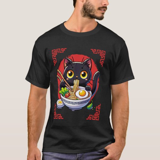和風レトロ猫 ラーメン食べる Tシャツ (正面)
