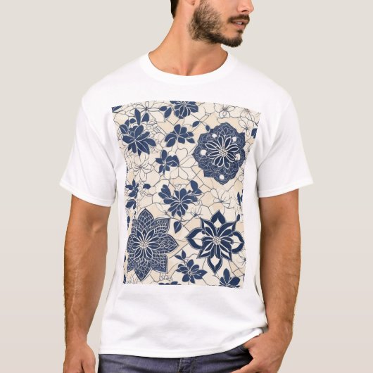 和風伝統柄デザイン生地プリント Tシャツ (正面)